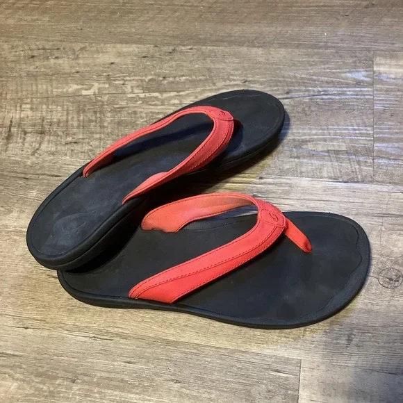 OluKai Ohana Size 11 Flip Flop Women's Black/Red Water Resistant Sandals 20110