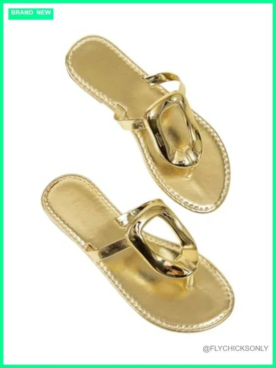 Metallic PU Leather Thong Sandals Flip Flops with Metal Ring Detail
