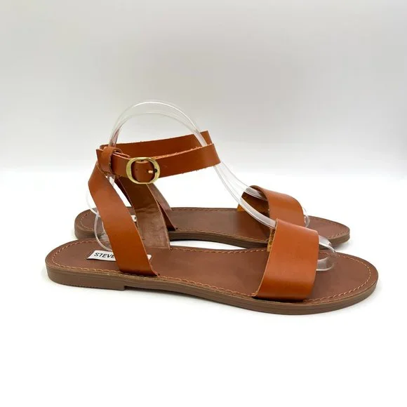 Steve Madden Womens Size 9.5 Cognac Brown Faux Vegan Leather‎ Flat Sandals Shoes