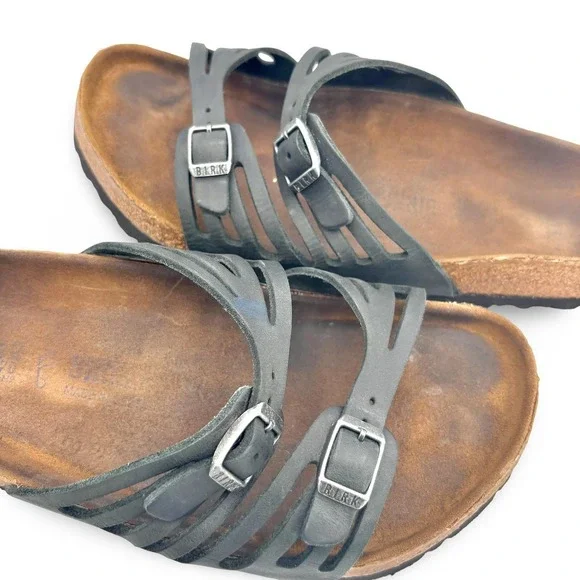 Birkenstock Womens Granada Sandals 42 Gray Black Leather Buckle Slide Cutout