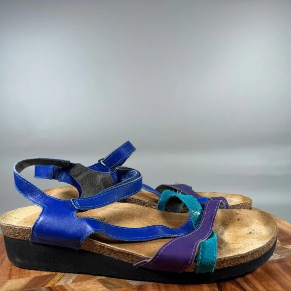 Naot Women 11 Blue Purple Teal Leather Strappy Cork Platform Sandals EU 42