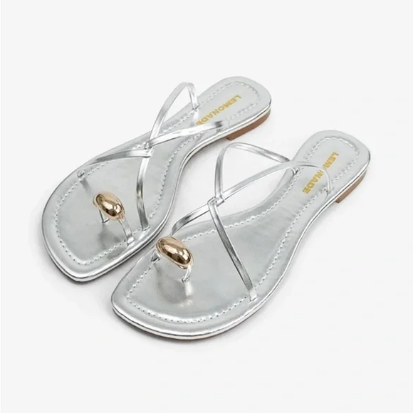 NEW Lemonade Silver Metallic Strappy Sandals Flip Flops Minimalist Gold Toe Ring