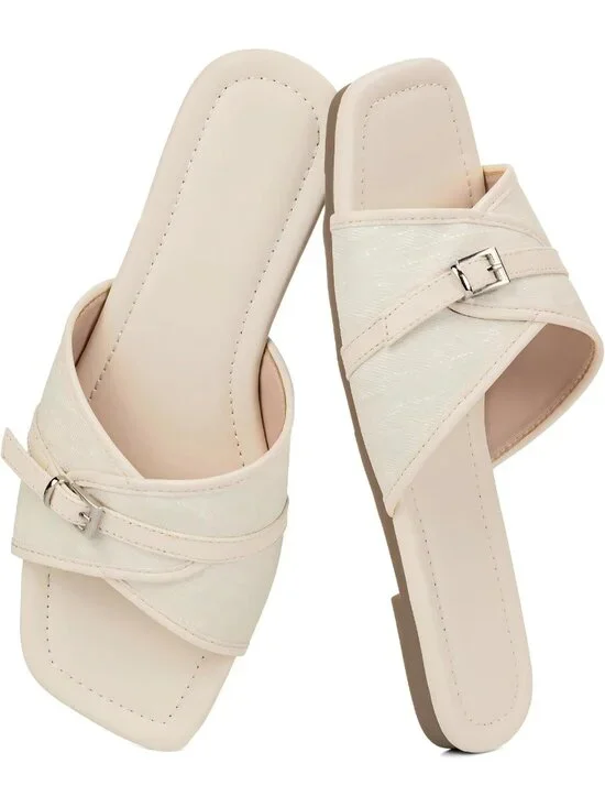 Women's Apricot Wide Width Sandals Flat Casual Woven Open Square Toe Comfortable