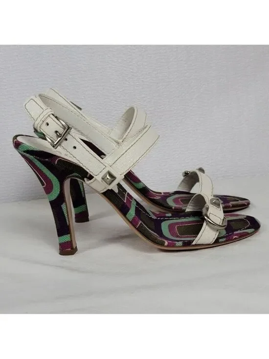 Prada Calzature Donna White Leather Cinghiale Viola Slingback Heel Sandals Sz 39