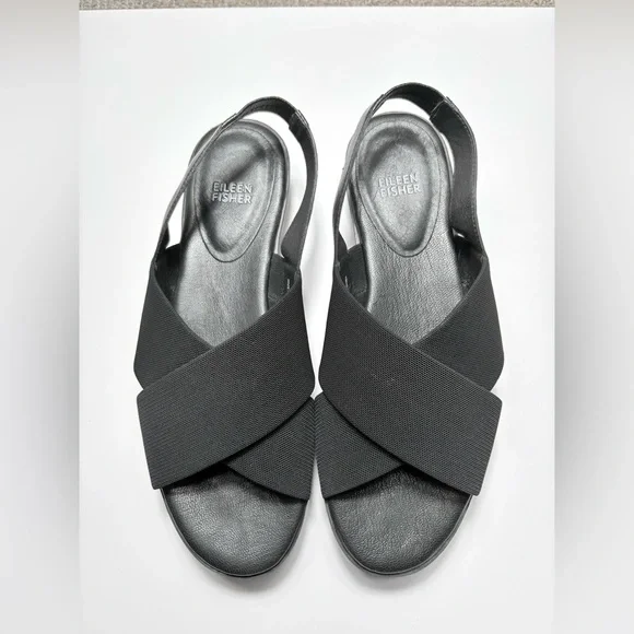 Eileen Fisher Women’s Black Slingback Leather Wedge Sandal, 2.5” Heel-Size: 10