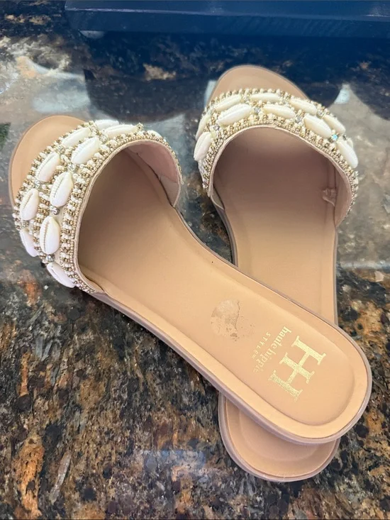 Heute Hippie Beaded Cream Slide Sandals