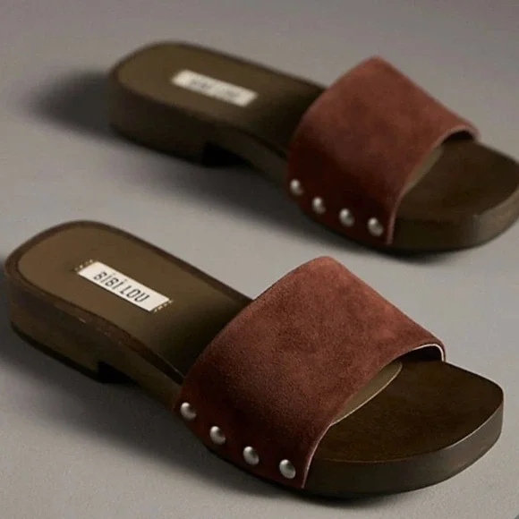 Bibi‎ Lou Women Brown Suede Studded Wood Sole Slide Sandals Clogs 38 / US 7.5