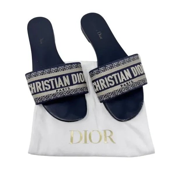 CHRISTIAN DIOR Dway Navy Blue Slide Sandal Embroidered Logo EU 40.5 US 10.5