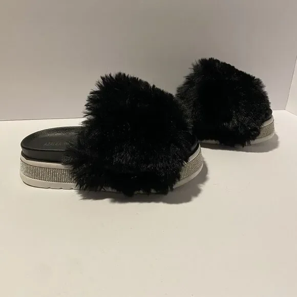 Azalea Wang‎ Rhinestone Fur Slide Sandals Platform Size 7 Chic Glamorous Bling