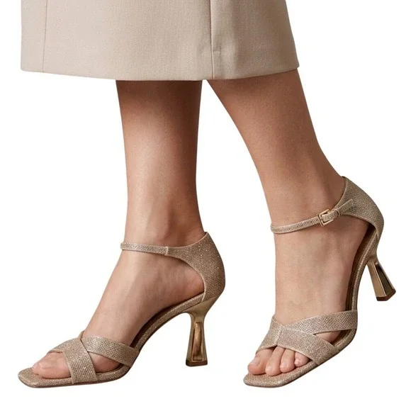 Franco Sarto Gold Sandals Glitter Square Toe Sculpted Heel Size 8‎