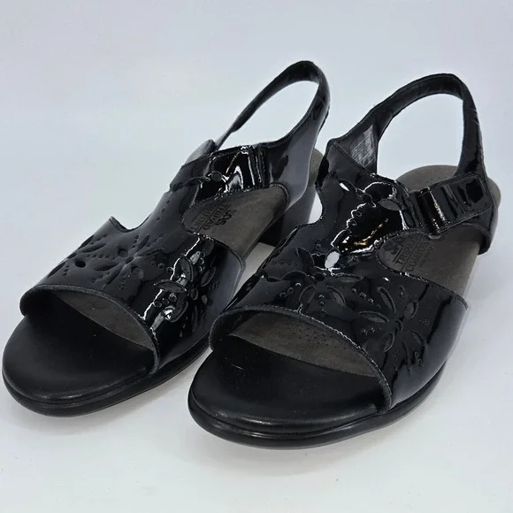 SAS Sunburst Tripad‎ Comfort Black Patent Leather Cutout Sandal Low Heel 10 W