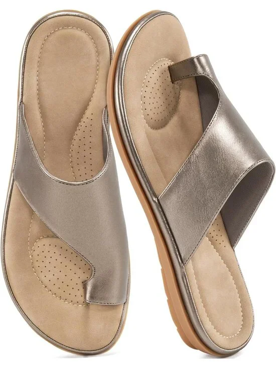 Women's Silver Flat Sandals Comfortable Walking Dressy Slides Casual Shoes