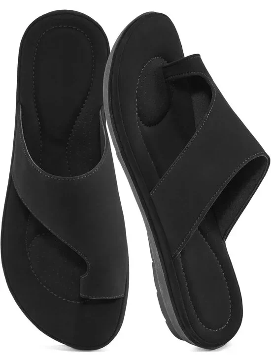Women's All Black Flat Sandals Comfortable Walking Dressy Slides Casual Shoes