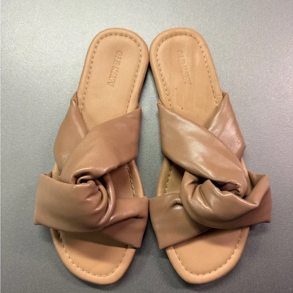 Old Navy Womens Tan Faux Leather‎ Twisted Knot Slide Sandals Size 7 Flat Neutral