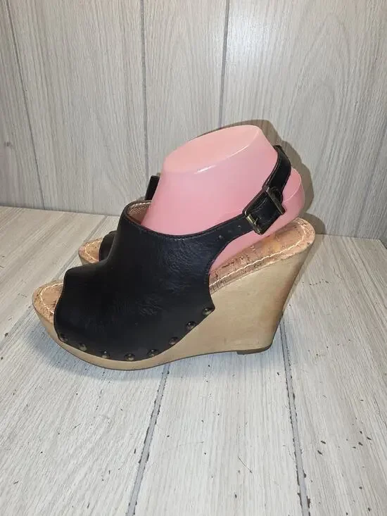 Sam Edelman CAMILLA Black Leather Sandals Wood Wedge Sling Heel Platform Read 9