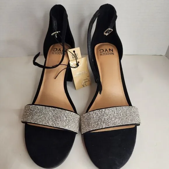 NIB MADDEN NYC WOMENS BLACK SZ 11 RHINESTONE ILLIE CITY BLOCK HEEL STRAPPYSANDAL