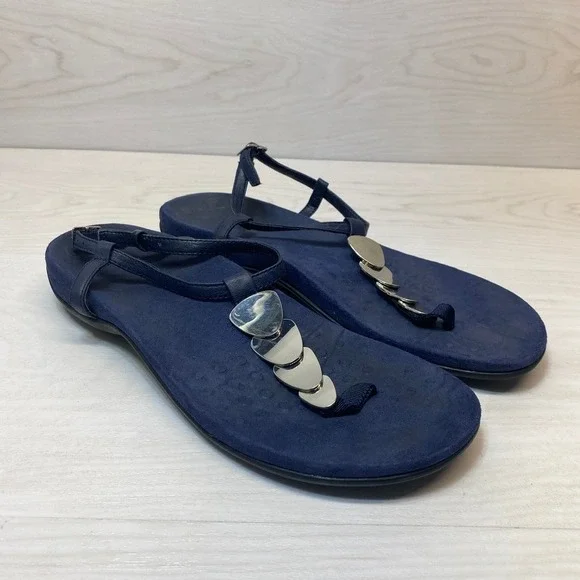 Vionic Womens 9 Rest Kirra Backstrap Sandals Metallic T-Strap Navy Blue Comfort