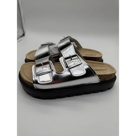 Viapipa Womens Silver Metallic Double Buckle Chunky Platform Slide Sandals‎ 9