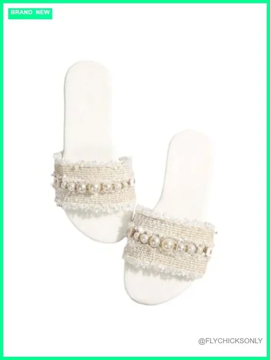 Pearl Chain Slide Sandals, Open Toe Slip On Flat Sandals for Women