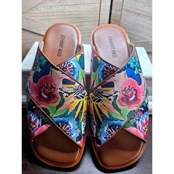 Johnny Was‎ Sandals 8M Multicolor Layla X Band Sandals Slides Floral Boho #608