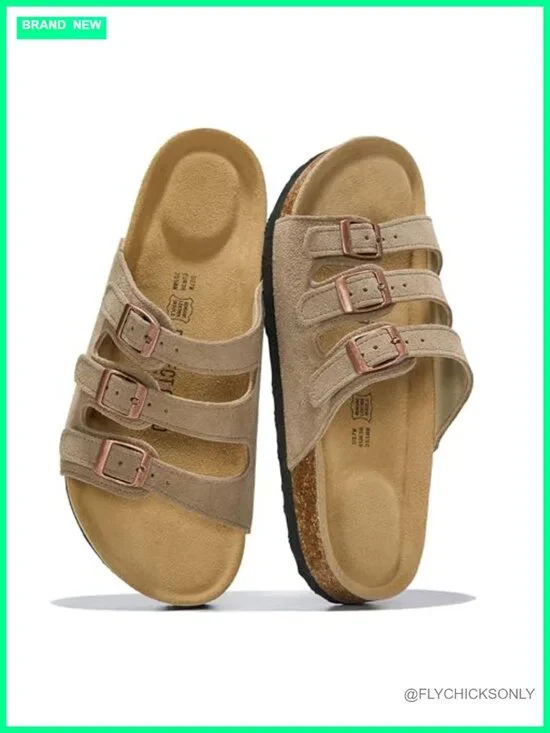 Genuine Leather Slide Sandals with Memory Foam & Cork Footbed
