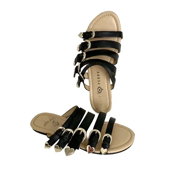 Katy Perry‎ sandals Black Size 6.5 Straps Hearts slip on Coastal Grung