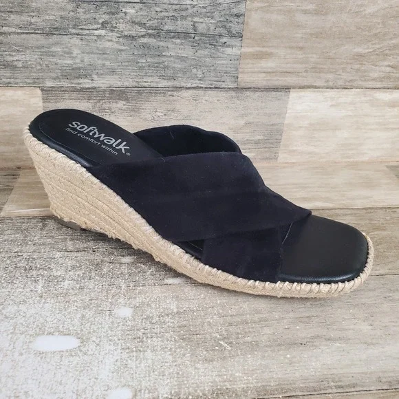 SoftWalk Hastings Women Wedge Slide Sandal Sz 9.5 N Black Suede Slip On Open Toe