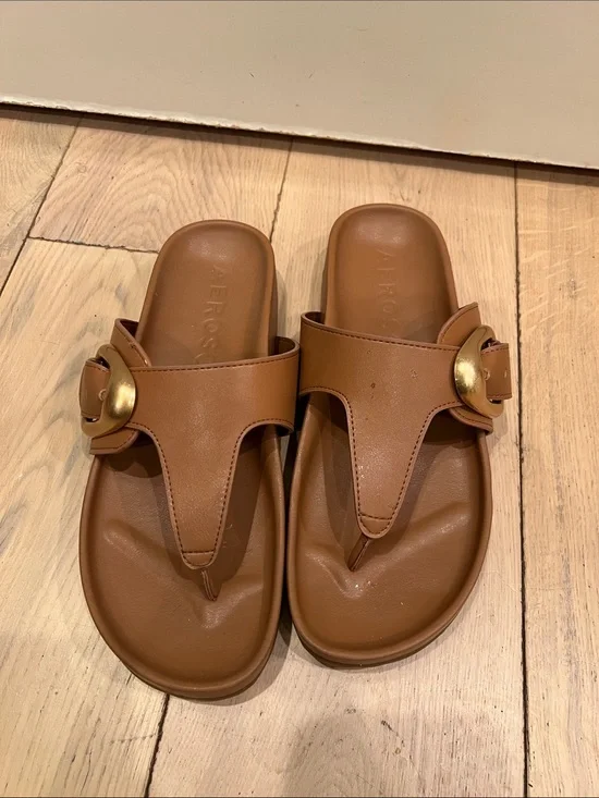 Tan Leather Slide Sandals with Gold Buckle
