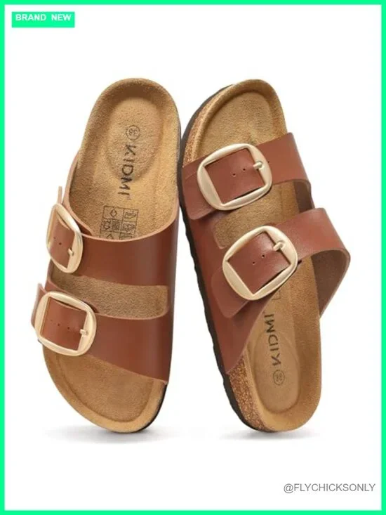 Women's Slide Sandals with Cork Footbed Arch Support Memory Foam Vegan Leather