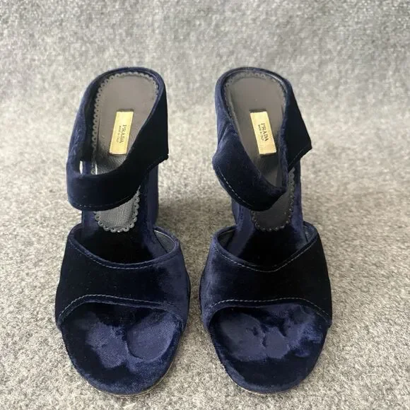 VTG Prada Navy Blue Velvet Wedge Slide Open Toe Mules Sandals Italy 39 Romantic