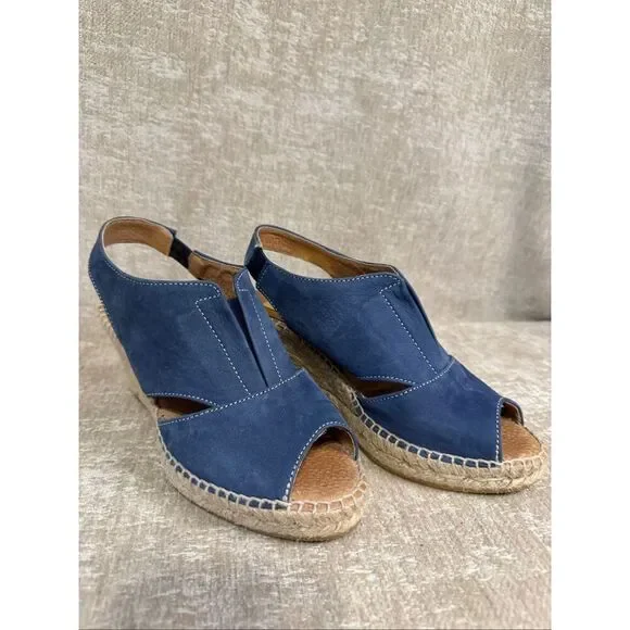 Kanna Women's Suede Open Toe Wedge Espadrille Slingback Sandals Blue Size 36