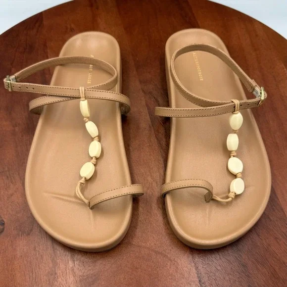 Anthropologie‎ Toe Loop Shell Sandals Tan Leather Ankle Strap Thongs Coastal W 7