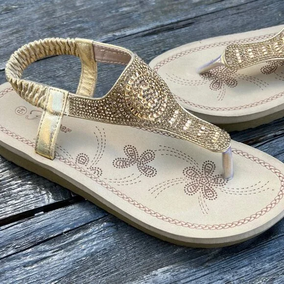Forever Thong Sandals Gold Rhinestones 6 1/2