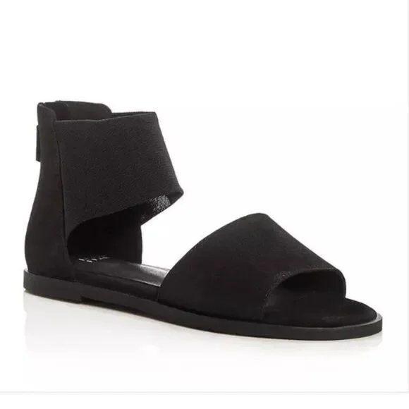 Eileen Fisher Black Suede & Wide Mesh Stretch Ankle Strap Back Zip Sandals Sz 8‎