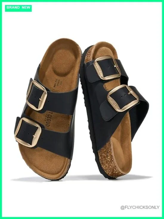 100% Genuine Leather Slide Sandals with Memory Foam Cork Footbed