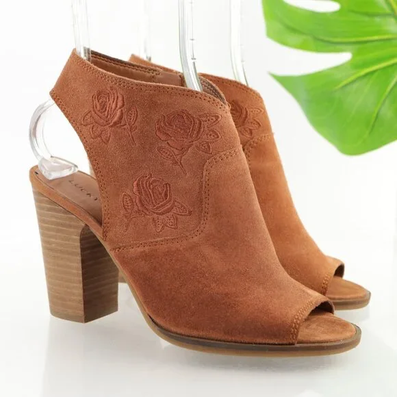 Lucky Brand Womens Listana Sandals Size 8  Brown Suede‎ Block Heel Open Booties