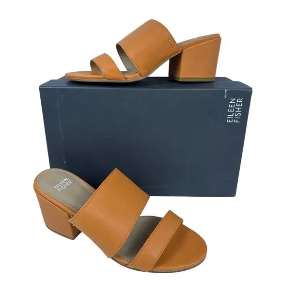 Eileen Fisher Rome Mule Sandal Womens 8 Orange Leather Straps Slip On Block Heel