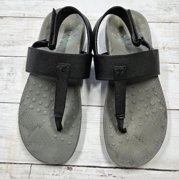Vionic Tala T-Strap‎ Sandal Women 8 Black Leather Orthotic Backstrap TVW5651