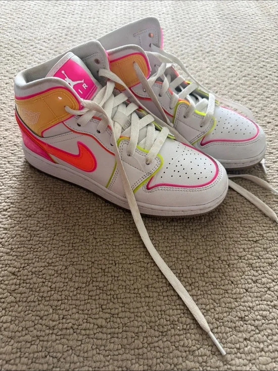 Jordan Kids White Sneakers with Neon Pink, Orange & Yellow Accents