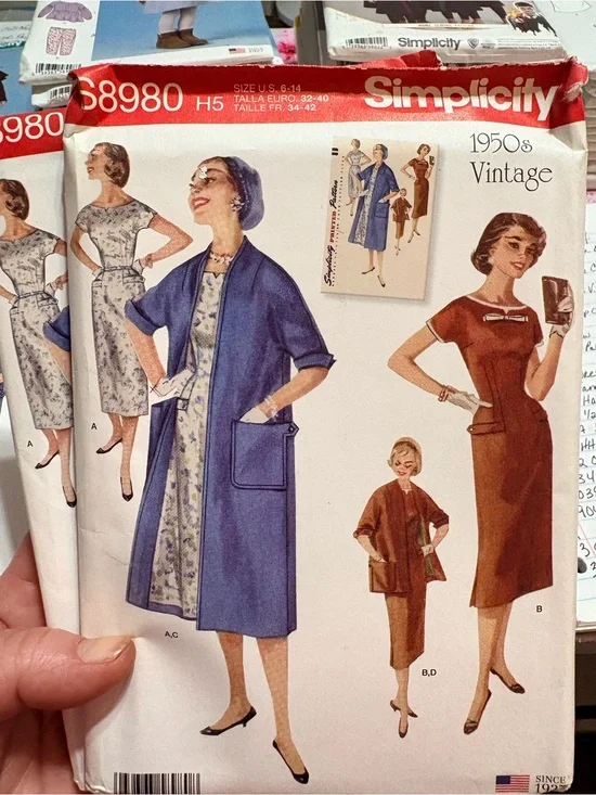 BN UNCUT SIMPLICITY 8980 H5 VINTAGE 1950s DRESS & LINED COAT SEWING PATTERNS