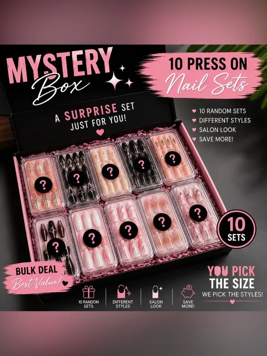Mystery Box 10-Pack Press-On Nail Sets in Mix Colors and designs -Surprise Style