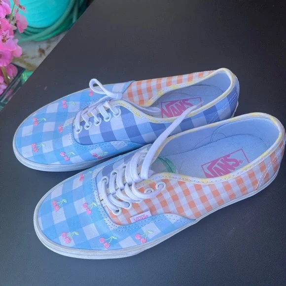 Vans Gingham Cherry Low-Top Sneakers in Blue and Orange