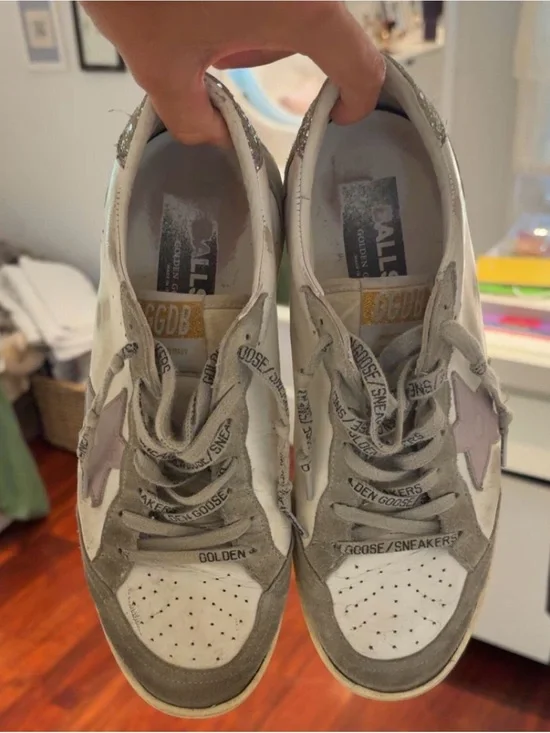 Golden Goose White Sneakers with Gray Suede & Pink Star Accents