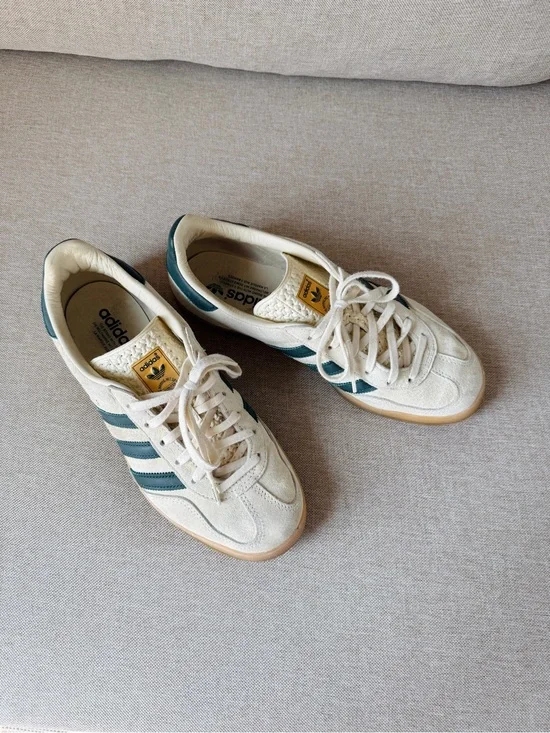 adidas Gazelle Indoor Cream Suede Sneakers with Dark Green Stripes