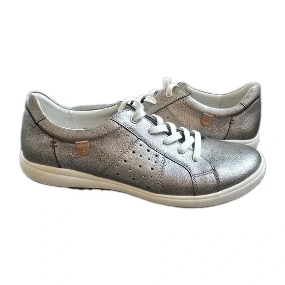 Josef Seibel Caron Metallic Silver Leather Comfort Lace Up Sneakers EU 41 US 10