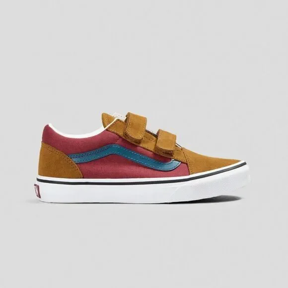 Kids VANS Old Skool V shoes in Brown and Red Velcro Sneakers