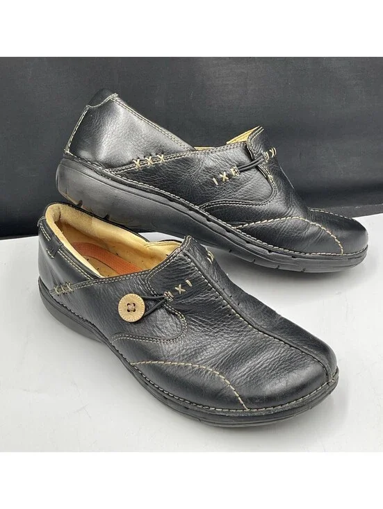 Clarks Un Loop Unstructured Loafers Womens Size 8M Black Leather Comfort Shoes