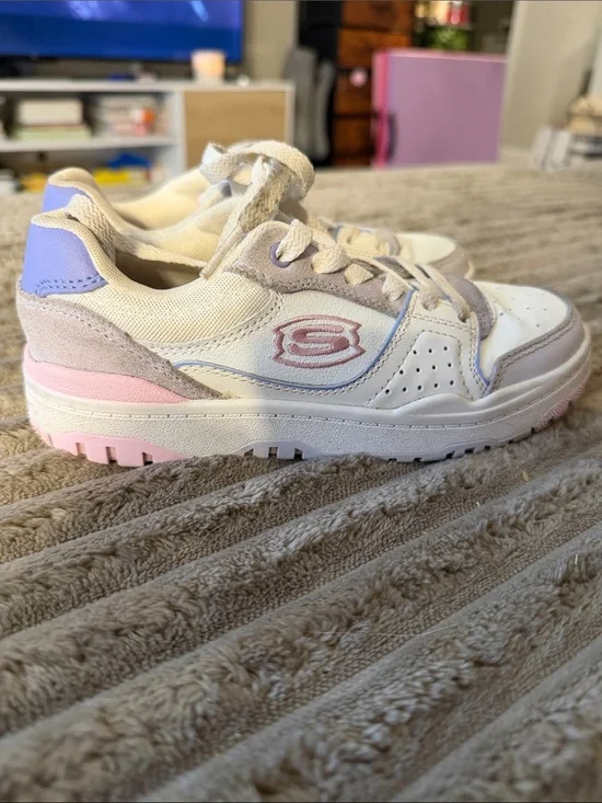 Skechers Kids White Sneakers with Pink & Lavender Accents