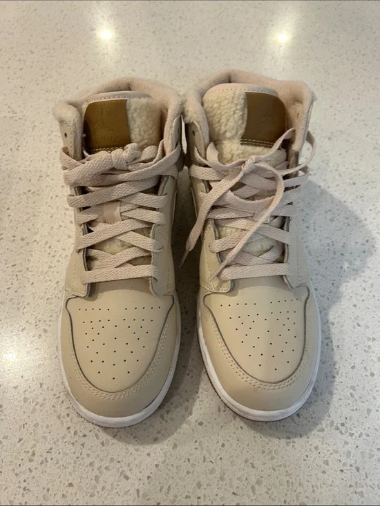 Jordan Women’s High-Top Sneakers in Light Beige with Shearling Collar