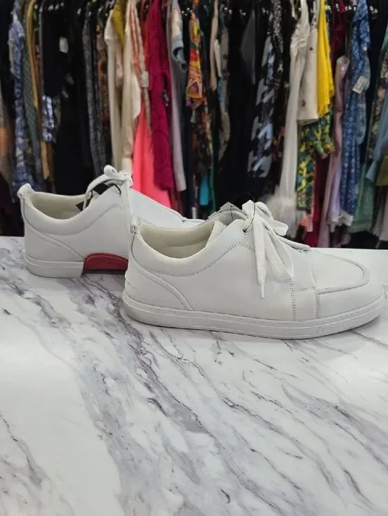Christian Louboutin White Low-Top Leather Sneakers with Red Heel Accent